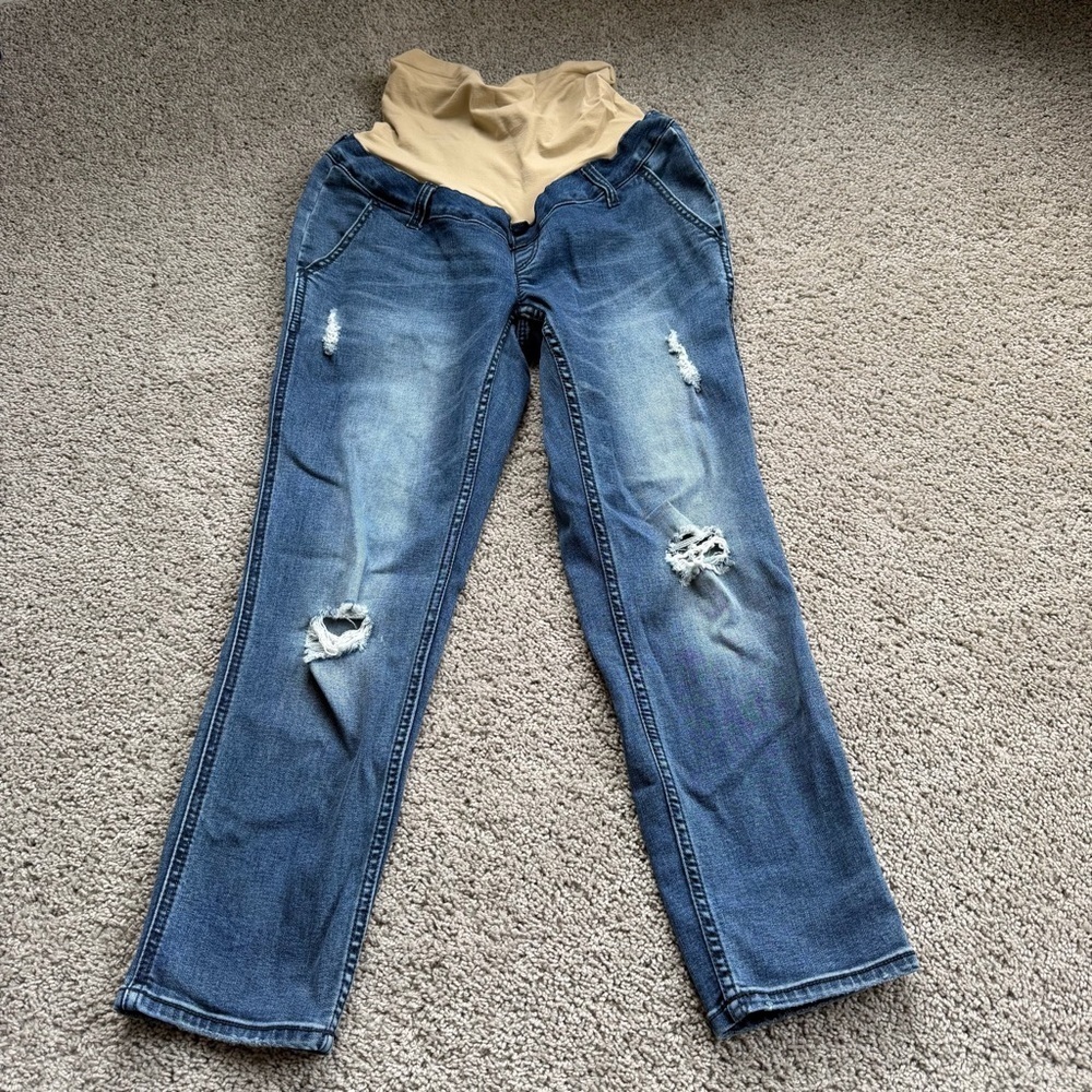 Indigo Blue Distressed Medium Wash Cropped Skinny Maternity Jeans Size Medium